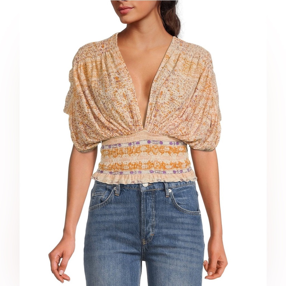 Free People Smocked Elastic V-Neck Blouse in Ivory Combo NEW